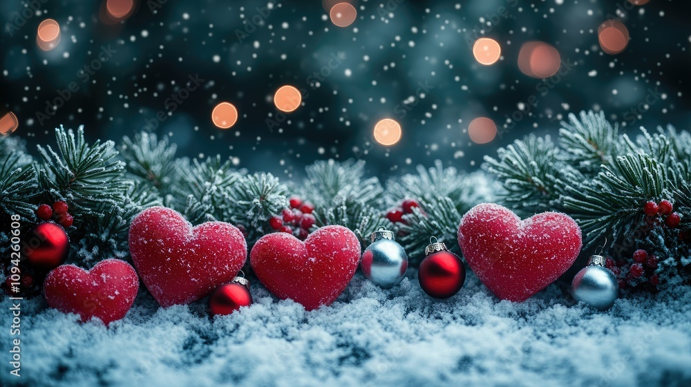 A festive winter scene featuring red hearts, snow, and pine branches. A festive winter scene featuring red hearts, snow, and pine branches.