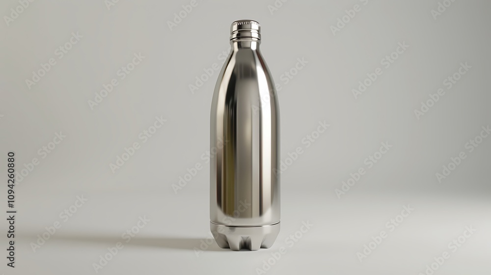 A shiny silver water bottle with a screw cap, standing on a white background. A shiny silver water bottle with a screw cap, standing on a white background.