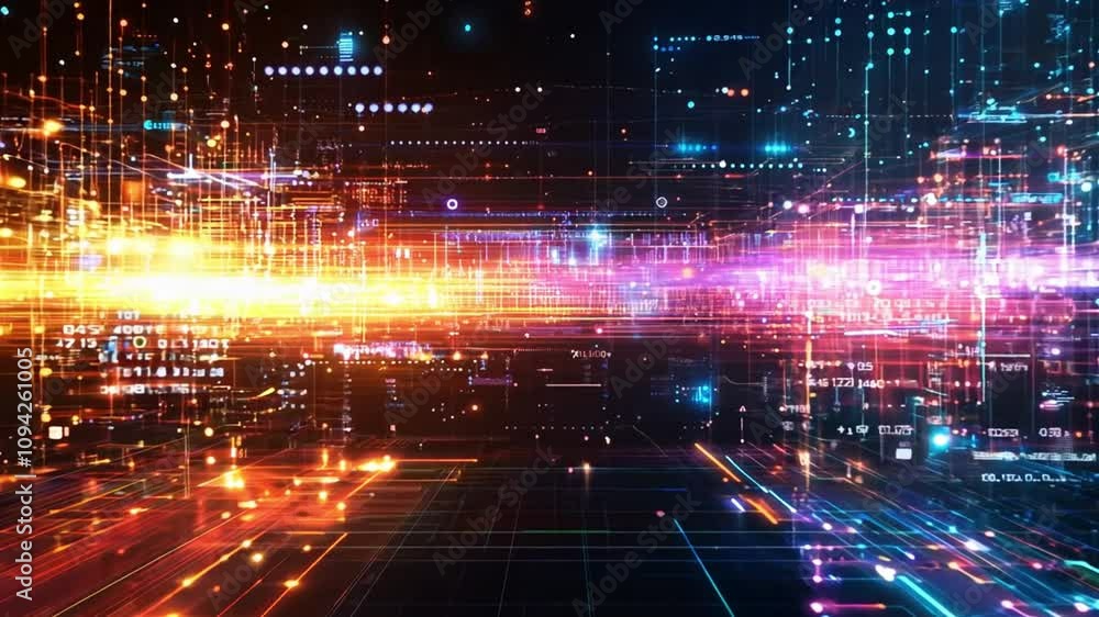 Abstract cityscape with colorful lights and digital effects Abstract cityscape with colorful lights and digital effects