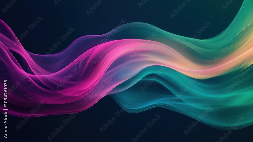 Vibrant, flowing waves of color in shades of pink, green, and blue create a dynamic, abstract background.