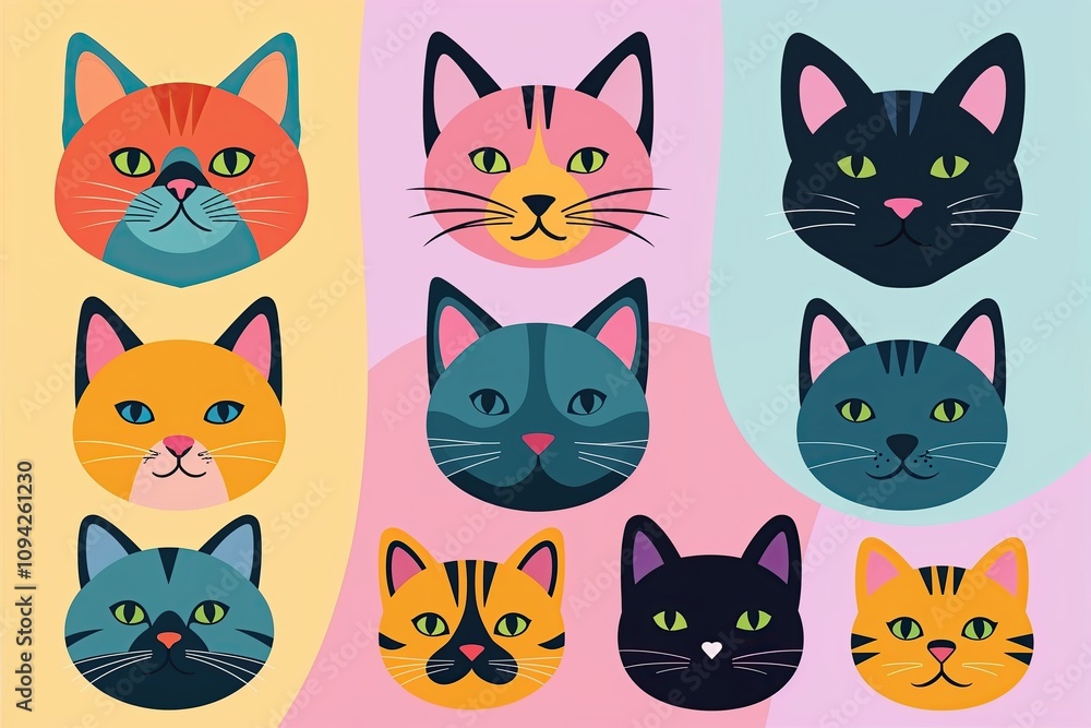 Whimsical Cat Head Icons: Adorable Flat Illustrations of Various Feline Breeds in Vibrant Pastel Hues Whimsical Cat Head Icons: Adorable Flat Illustrations of Various Feline Breeds in Vibrant Pastel Hues