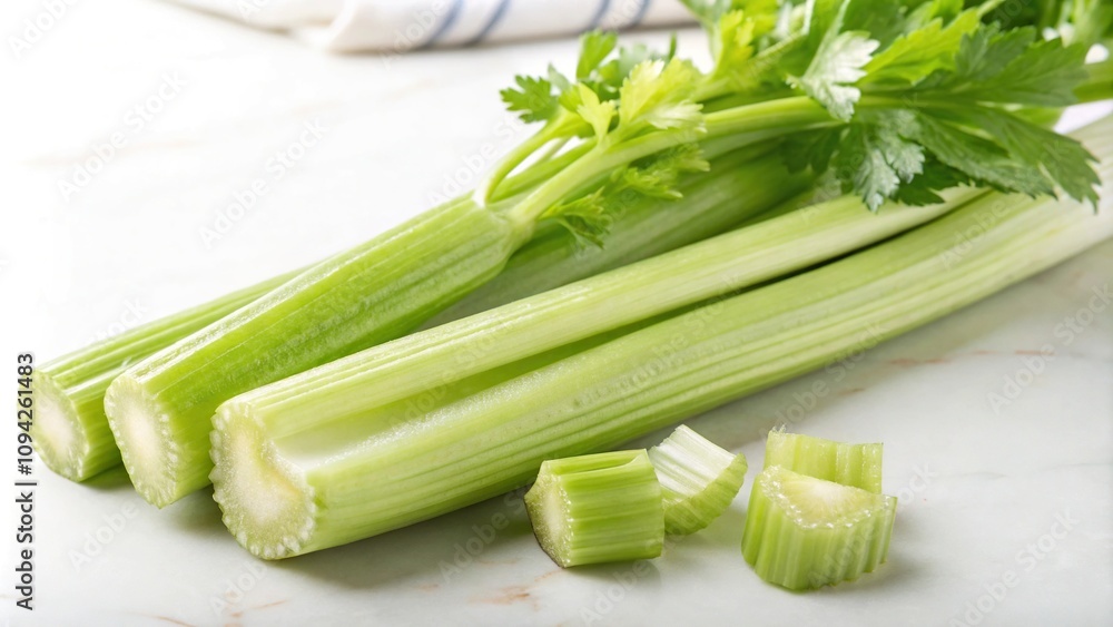Fresh celery stalks isolated on a white background with soft focus effect creating a sense of delicacy and freshness, snack, crunchy, fresh celery, vegetable Fresh celery stalks isolated on a white background with soft focus effect creating a sense of delicacy and freshness, snack, crunchy, fresh celery, vegetable