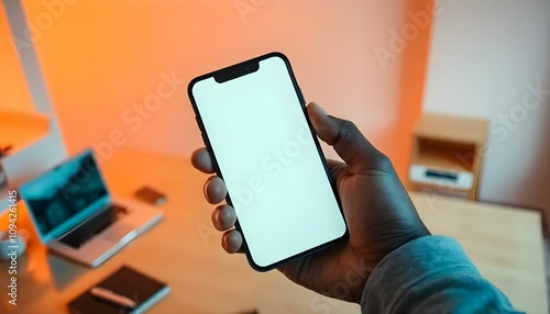 Man's Hand Holding Cell Phone With Blank Screen with Background Rooms