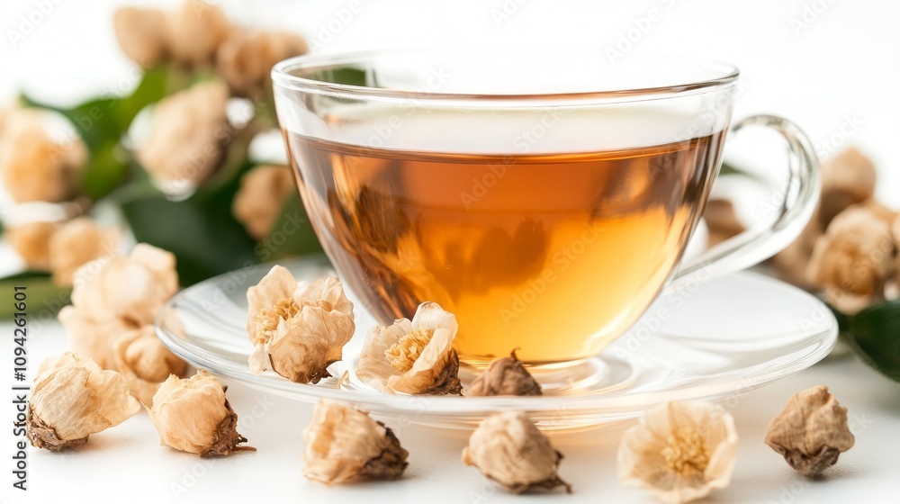 A glass cup of light brown tea sits on a saucer, surrounded by dried light beige flower buds.
