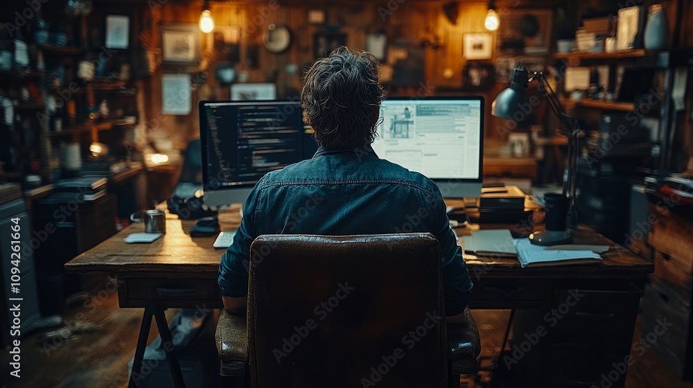 Individual sits at a wooden desk, focused on dual monitors in a warm, inviting home office adorned with books and vintage items Individual sits at a wooden desk, focused on dual monitors in a warm, inviting home office adorned with books and vintage items