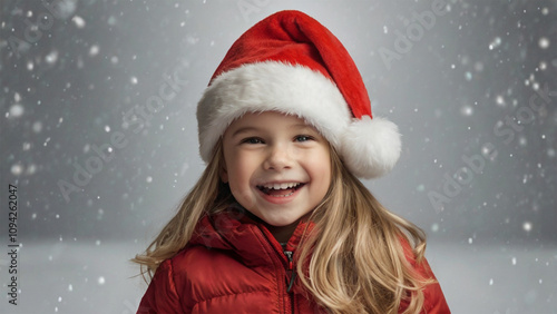 A smiling child wearing a Santa hat enjoying a festive Christmas winter celebration photo