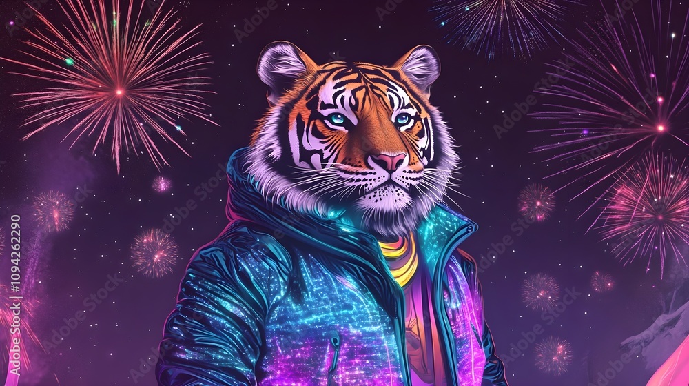 Tiger in Neon Jacket, Fireworks Night Tiger in Neon Jacket, Fireworks Night