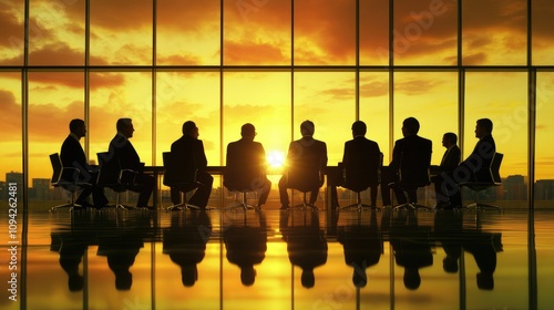 Silhouettes of businesspeople sitting around a table in a conference room, looking out the window at a sunset over a city skyline.