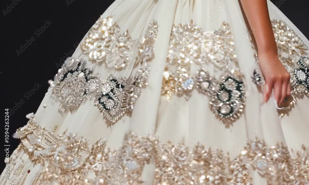 Elegant model showcases stunning sparkling gown on the runway during a fashion event Elegant model showcases stunning sparkling gown on the runway during a fashion event