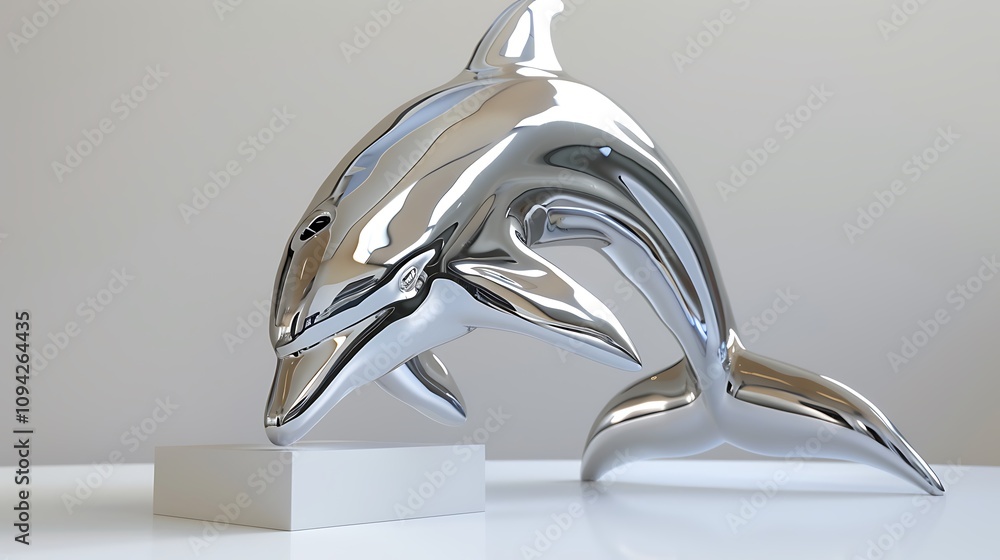 A silver dolphin statue with smooth, flowing lines on a white surface. A silver dolphin statue with smooth, flowing lines on a white surface.