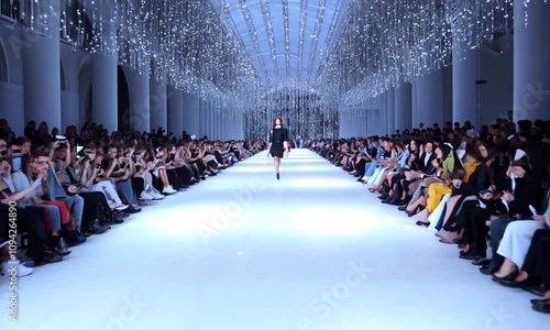 Fashion show featuring elegant designs in a stunning illuminated venue filled with spectators