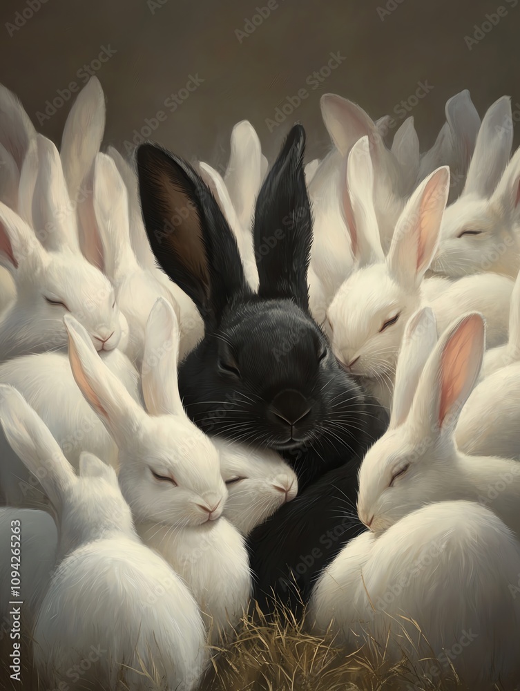 Obraz premium A serene scene of a black rabbit surrounded by soft white rabbits, creating a warm and peaceful atmosphere.