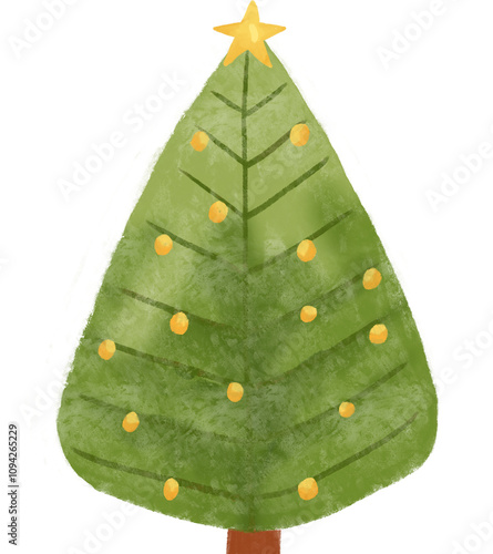 Watercolor illustration of a Christmas tree with lots of decorative lights and stars on top illustration
