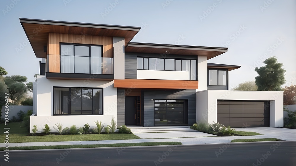 Front elevation of a contemporary house, from a minimalist design with clean lines to a bold and colourful facade with geometric shapes, with a big lawn in front of the house