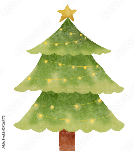 Watercolor illustration of a Christmas tree with beautiful decorative lights around it
