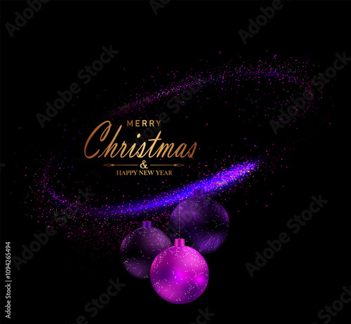 Merry Christmas. Isolated purple oval with glitter tinsel, New Year toys.