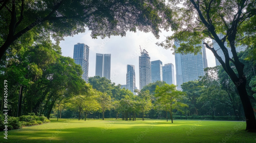 A serene city park amidst towering skyscrapers, Symbolizing the struggle for green spaces in urban environments, photography style A serene city park amidst towering skyscrapers, Symbolizing the struggle for green spaces in urban environments, photography style