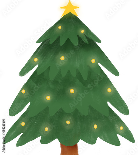 Watercolor illustration of a Christmas tree with twinkling lights
