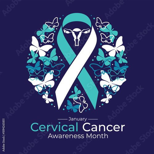 Cervical Cancer Awareness Month - Teal white ribbon awareness sign and abstract butterflys flying around to circle shape on dark purple background vector design