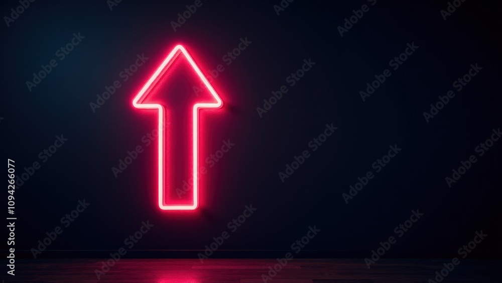 Bold neon arrow up signage set against a dark matte wall, with glowing edges creating a dramatic and modern design. Bold neon arrow up signage set against a dark matte wall, with glowing edges creating a dramatic and modern design.