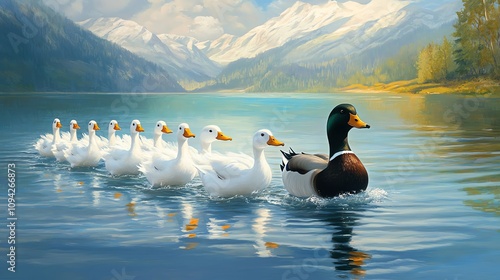 A serene scene depicting a mother duck leading her ducklings across a tranquil lake surrounded by mountains. photo