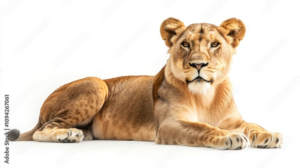 A majestic lioness lies down, looking directly at the camera against a stark white background. A majestic lioness lies down, looking directly at the camera against a stark white background.
