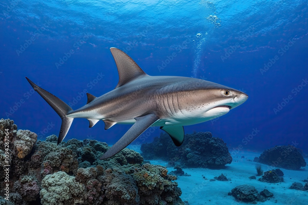 Fototapeta premium Incredible Hammerhead Shark Showcasing Distinct Features in Underwater Environment
