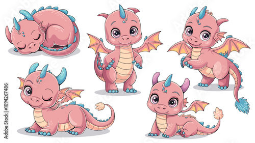 A collection of cute and adorable anime-style dragons in various playful poses, vector illustration 
