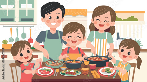 A colorful vector illustration of a happy family cooking together in the kitchen and serving food at the dining table