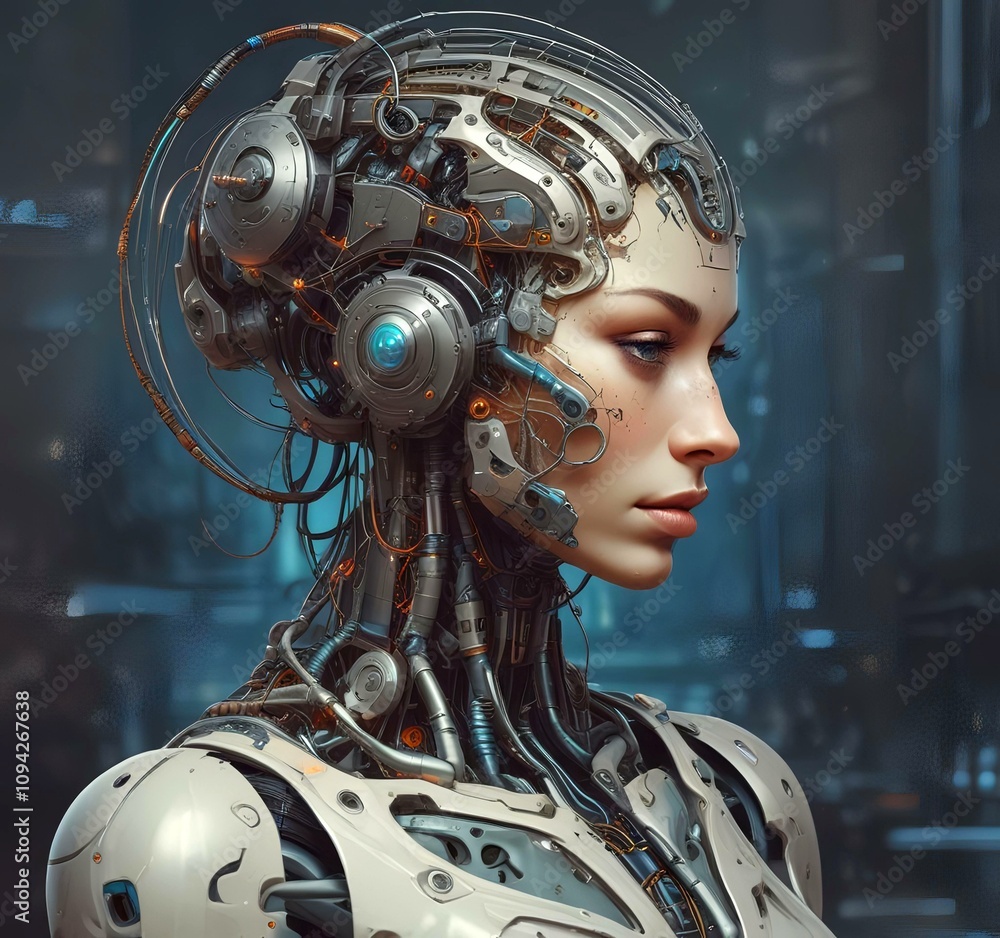Technology illustration of cyborg with brain connections. Technology illustration of cyborg with brain connections.