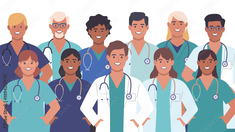 A flat illustration of a group of happy doctors in uniforms A flat illustration of a group of happy doctors in uniforms