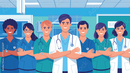 Group of happy doctors or medical team in uniform, flat illustration, digital art 