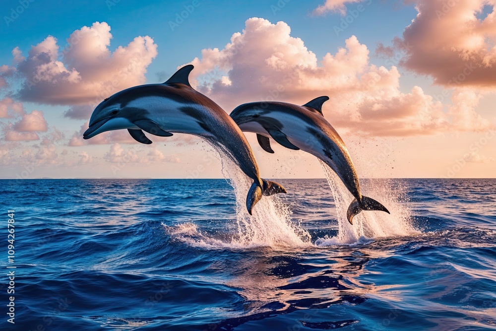 Colorful Dolphins Leaping in Tropical Ocean Setting Colorful Dolphins Leaping in Tropical Ocean Setting