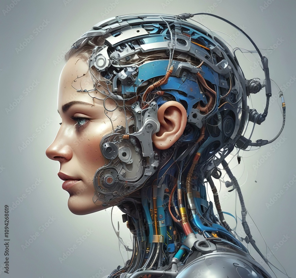 Technology illustration of cyborg with brain connections. Technology illustration of cyborg with brain connections.