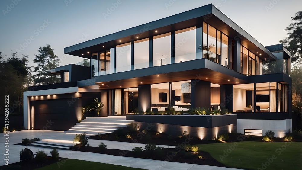 Luxurious European style black theme modern house with a big lawn in front of the house, exterior design of house with elegant front elevation design Luxurious European style black theme modern house with a big lawn in front of the house, exterior design of house with elegant front elevation design