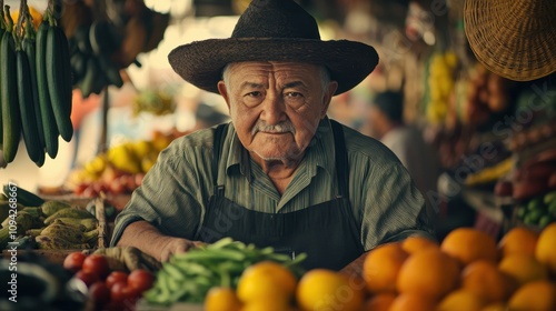 Vendor carefully arranges colorful fruits and vegetables at a bustling Ecuadorian market