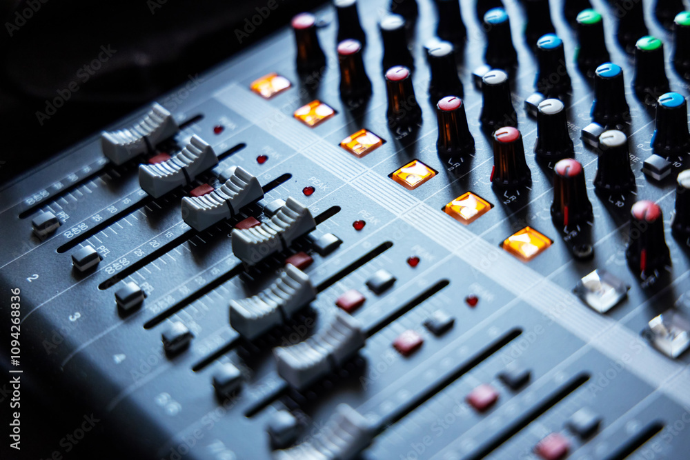 Closeup new blue knob for music mixers. sound engineer music mixer control panel. Closeup new blue knob for music mixers. sound engineer music mixer control panel.