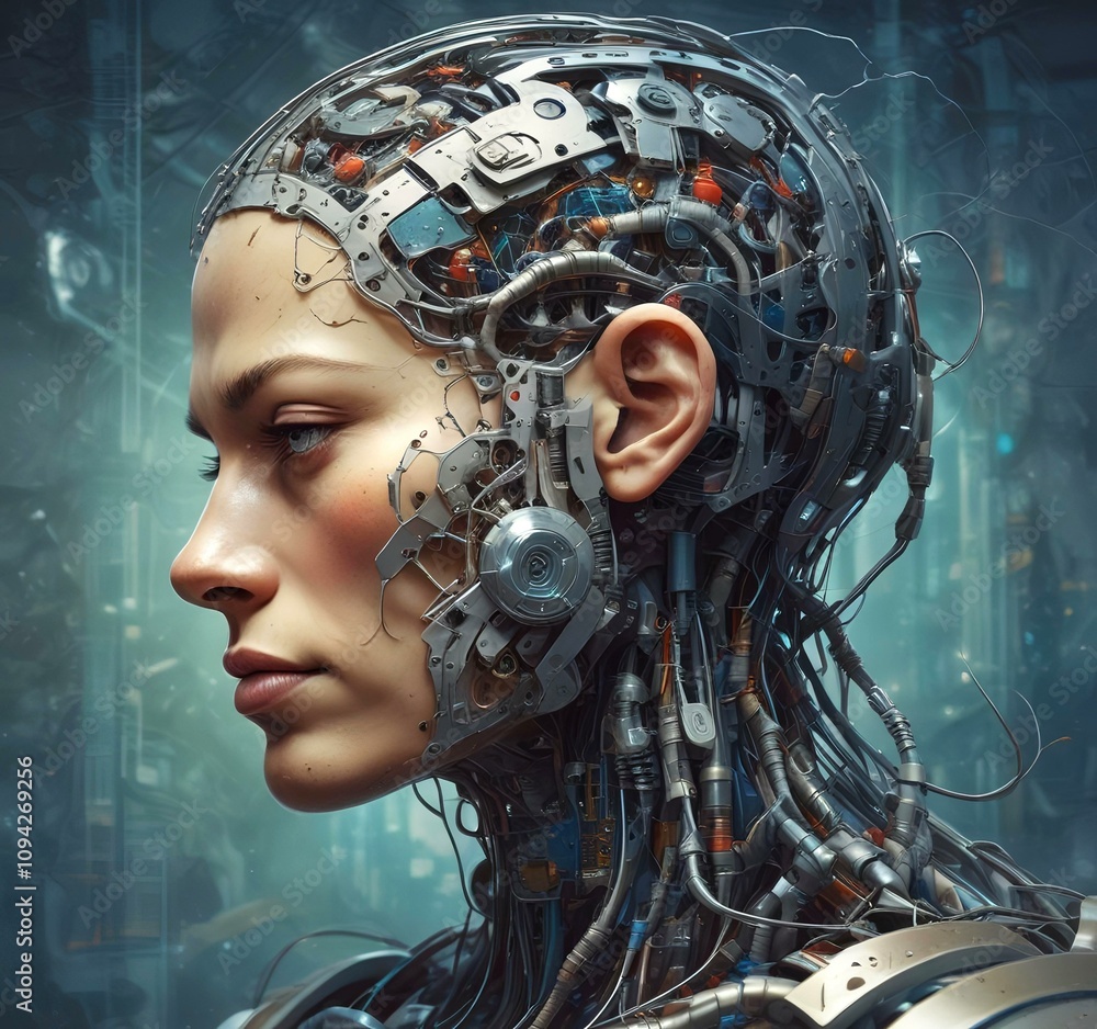 Technology illustration of cyborg with brain connections. Technology illustration of cyborg with brain connections.