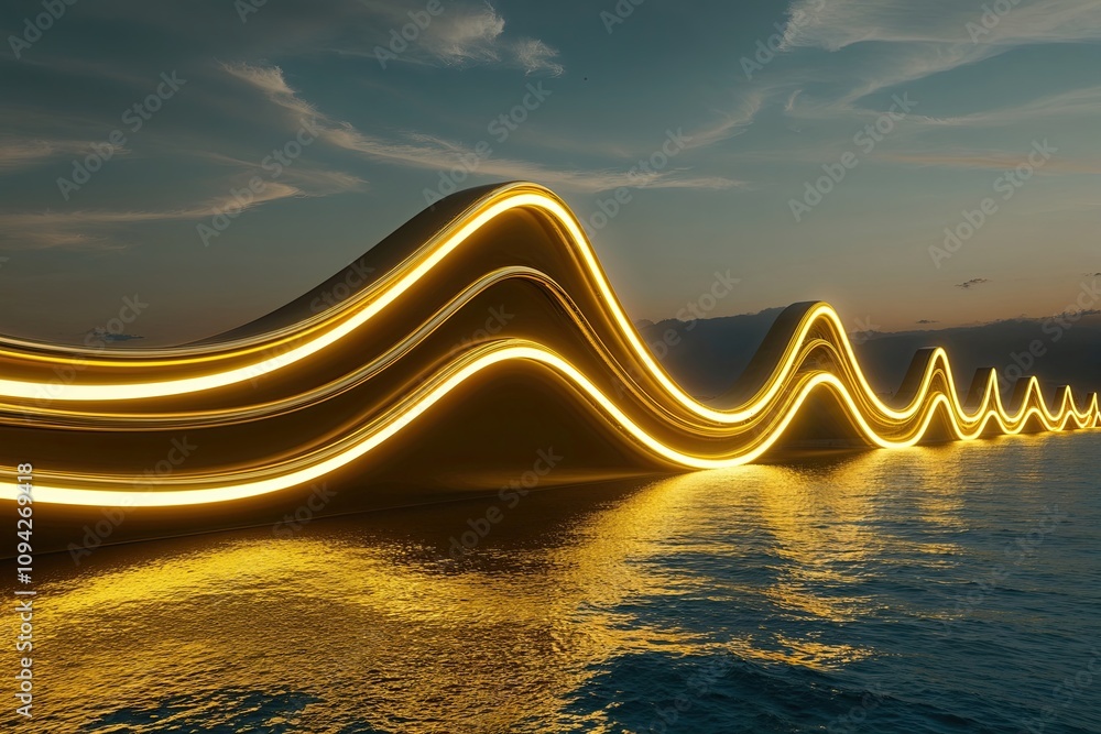 Fotografie Futuristic Glowing Gold Neon Waves with Dynamic Motion Effects
