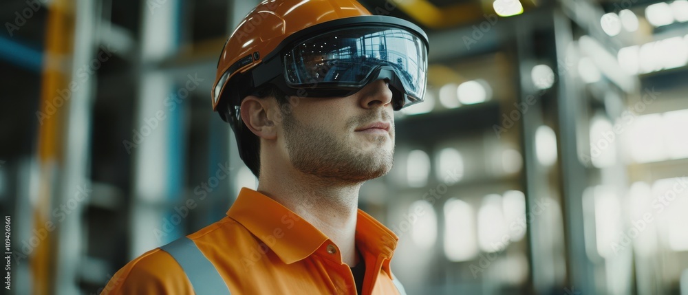 A construction worker wearing advanced safety gear and smart glasses in an industrial environment. A construction worker wearing advanced safety gear and smart glasses in an industrial environment.
