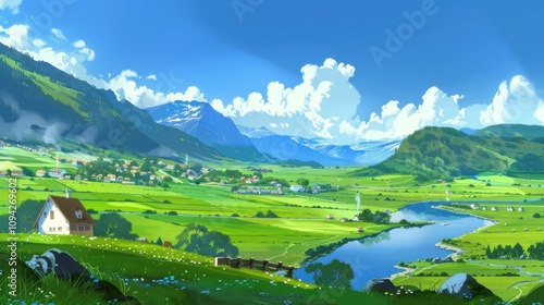 Cartoon Idyll: A Visual Symphony of Blue Skies, Green Fields, and White Houses Amidst Mountains and Rivers