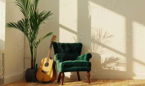 A bright room features a charming green velvet armchair paired with a guitar, casting gentle shadows on a white wall. A lush potted plant adds a touch of nature, enhancing the serene vibe