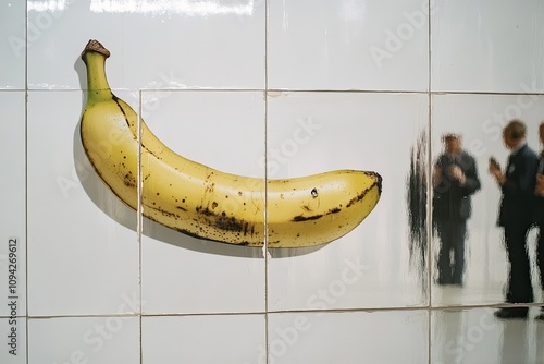 A close-up of a taped banana on a white wall, with reflections of bidders holding paddles in a luxurious auction room, blending art and wealth in a high-end auction setting. photo