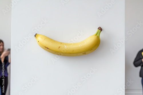 A close-up of a taped banana on a white wall, with reflections of bidders holding paddles in a luxurious auction room, blending art and wealth in a high-end auction setting. photo