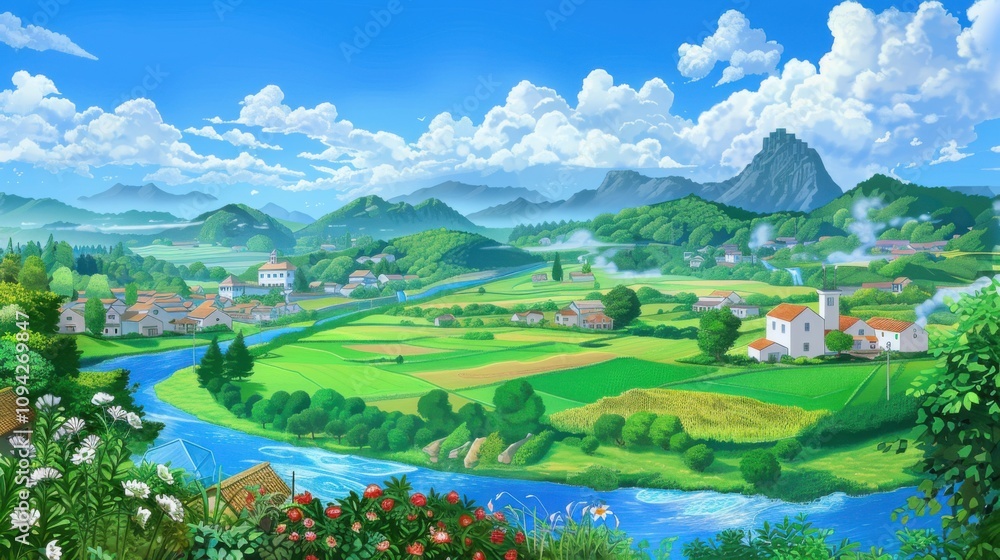 Cartoon Idyll: A Visual Symphony of Blue Skies, Green Fields, and White Houses Amidst Mountains and Rivers Cartoon Idyll: A Visual Symphony of Blue Skies, Green Fields, and White Houses Amidst Mountains and Rivers