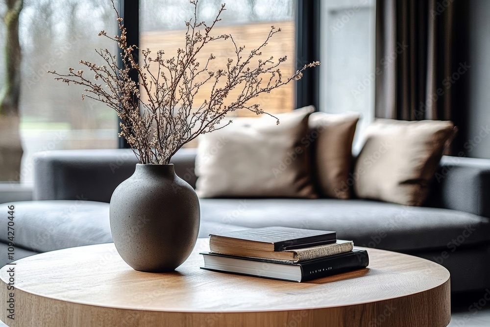 Ceramic vase with dried branches on round wooden coffee table in modern living room with gray sofa and large window Ceramic vase with dried branches on round wooden coffee table in modern living room with gray sofa and large window