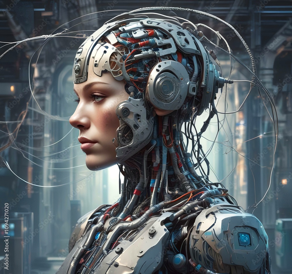 Technology illustration of cyborg with brain connections. Technology illustration of cyborg with brain connections.