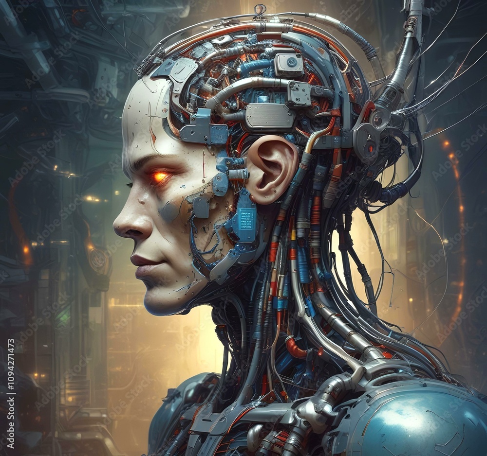 Technology illustration of cyborg with brain connections. Technology illustration of cyborg with brain connections.
