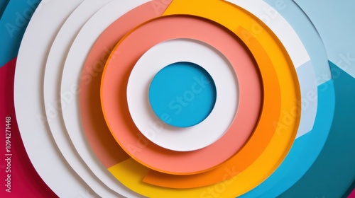 A series of concentric circles of various colors spreading outward from a single point, symbolizing the widening impact of equitable practices, minimalist composition photo