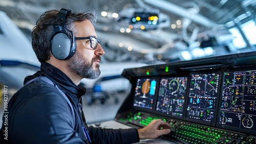 A focused technician operates advanced controls in an aircraft hangar, showcasing high-tech screens and equipment.